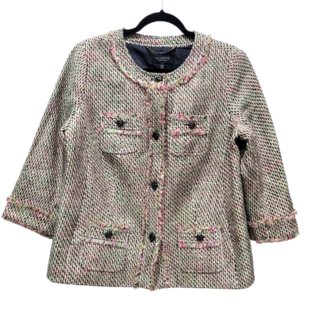 14WP Talbots Tweed Cotton Blend Button Down Blazer Suit Jacket with Fringe Trim